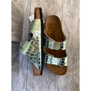 Birkenstock Arizona Women’s Sandals 9 Metallic Green Croc Print Slip-On Slides